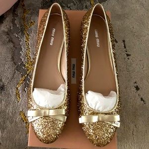 BNIB Miu Miu gold glitter ballet flats